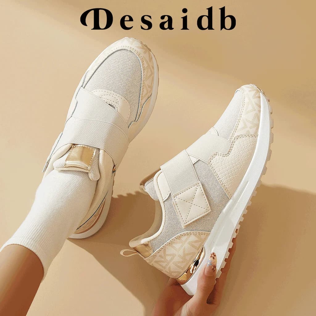 Desai Women's 2026 Autumn Vulcanized Running Shoes Hook‑and‑Loop Croc Textured Mesh Sneakers School Supplies Outdoor Daily Walki