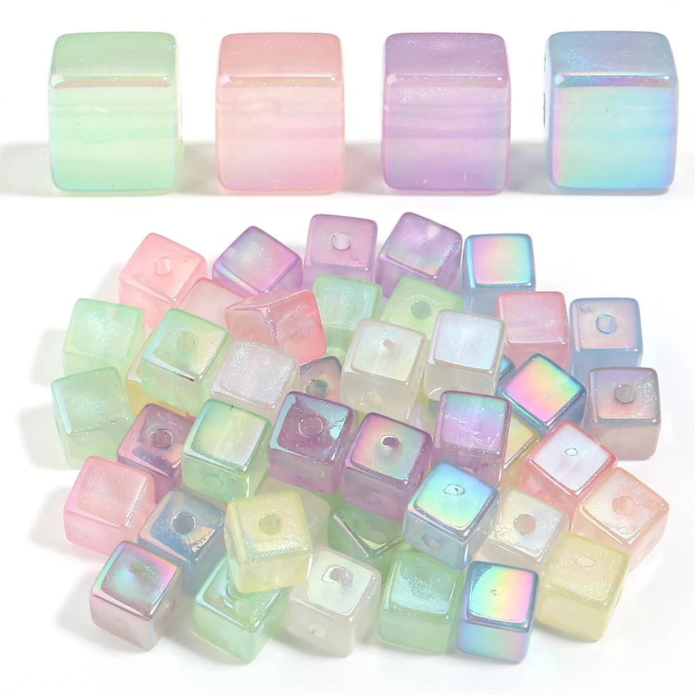 10 pz/lotto Perline Quadrate in Acrilico Colorato Effetto Gelatina da 14mm, Lucide con Foro Grande, Distanziatori a Cubo Sciolti per Accessori Fai da Te per Catene del Telefono e Braccialetti