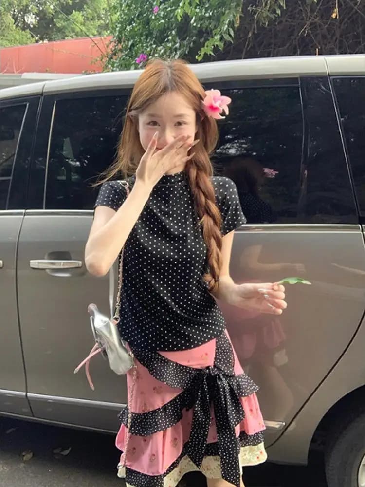 Black Polka Dot Short Sleeve Top And Floral Half Skirt Set for plus Size Women Anti-Aging Design Sense Knot Summer New Style
