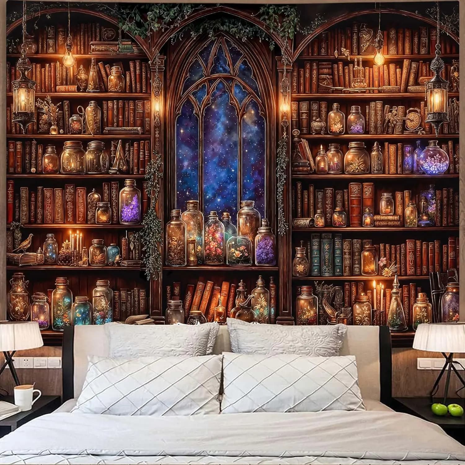 Fantasy Bookshelf Tapestry Medieval Fairy Plant Potion Library Wall Tapestry for Bedroom Aesthetic Art Vintage Starry Sky Book