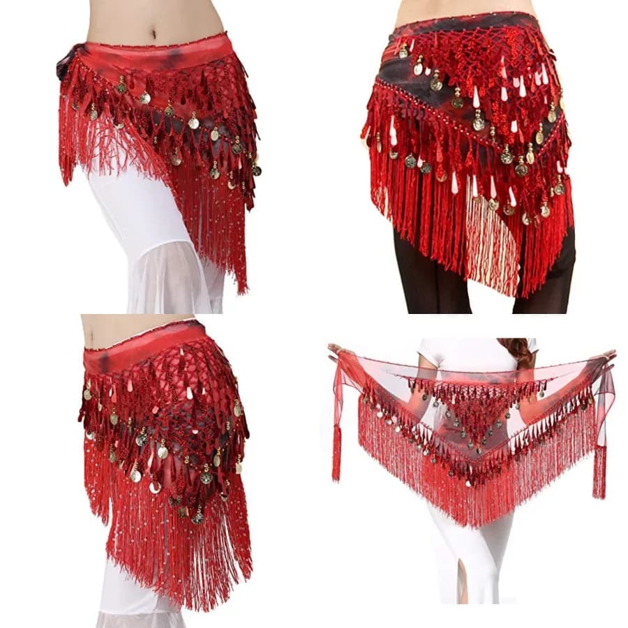 Belly Dance Hip Scarf with Tassels Sequins, Triangle Coins Wrap Skirt Music Festival Clothing, Red