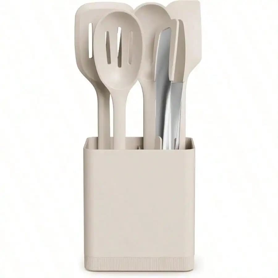 6-Piece Slate Silicone Kitchen Tool Set With Crock And Divider Turner, Spoon, Slotted Spoon, Spatula, Tongs Heat Resistant Dishwasher