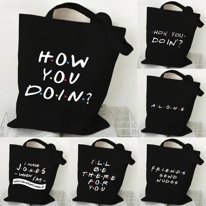 Borsa Tote Ecologica Nera 'How You Doin'? Friends, Borsa a Tracolla in Tela per Donne, Trendy Borsa a Tema Serie TV per Ragazze