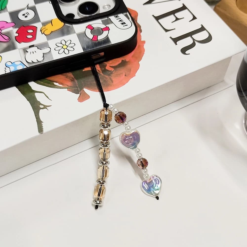 HERLOOK Ciondolo per telefono con perla a forma di cuore per donna Catena con perline cubiche trasparenti per portachiavi per cellulare Accessori Y2K Cinghie per telefono