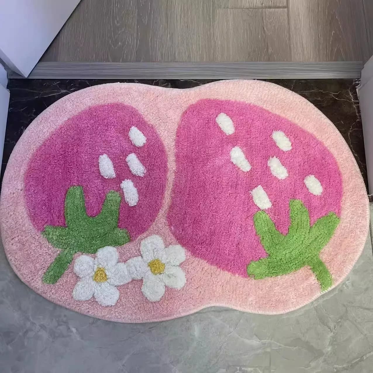 Nice floundered bathroom mat with sweet pink strawberries girls home decoration bedroom bedside table mat for hallway entrance door