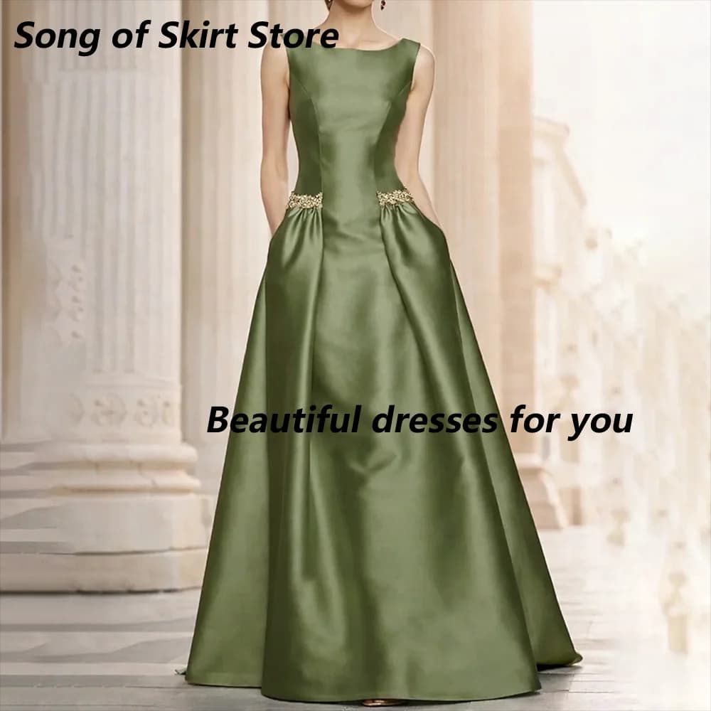 Dusty Sage Evening Dress Customized Scoop Neck Sleeveless Beaded Satin Pleated Floor-Length Simple A-Line Party Dresses