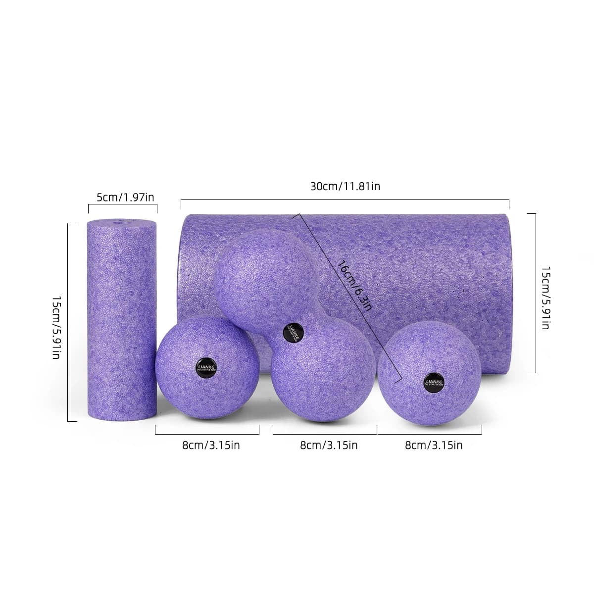 Five-piece set of foam rollers and fascia balls to aid in fitness training and help relieve muscle soreness throughout the body.