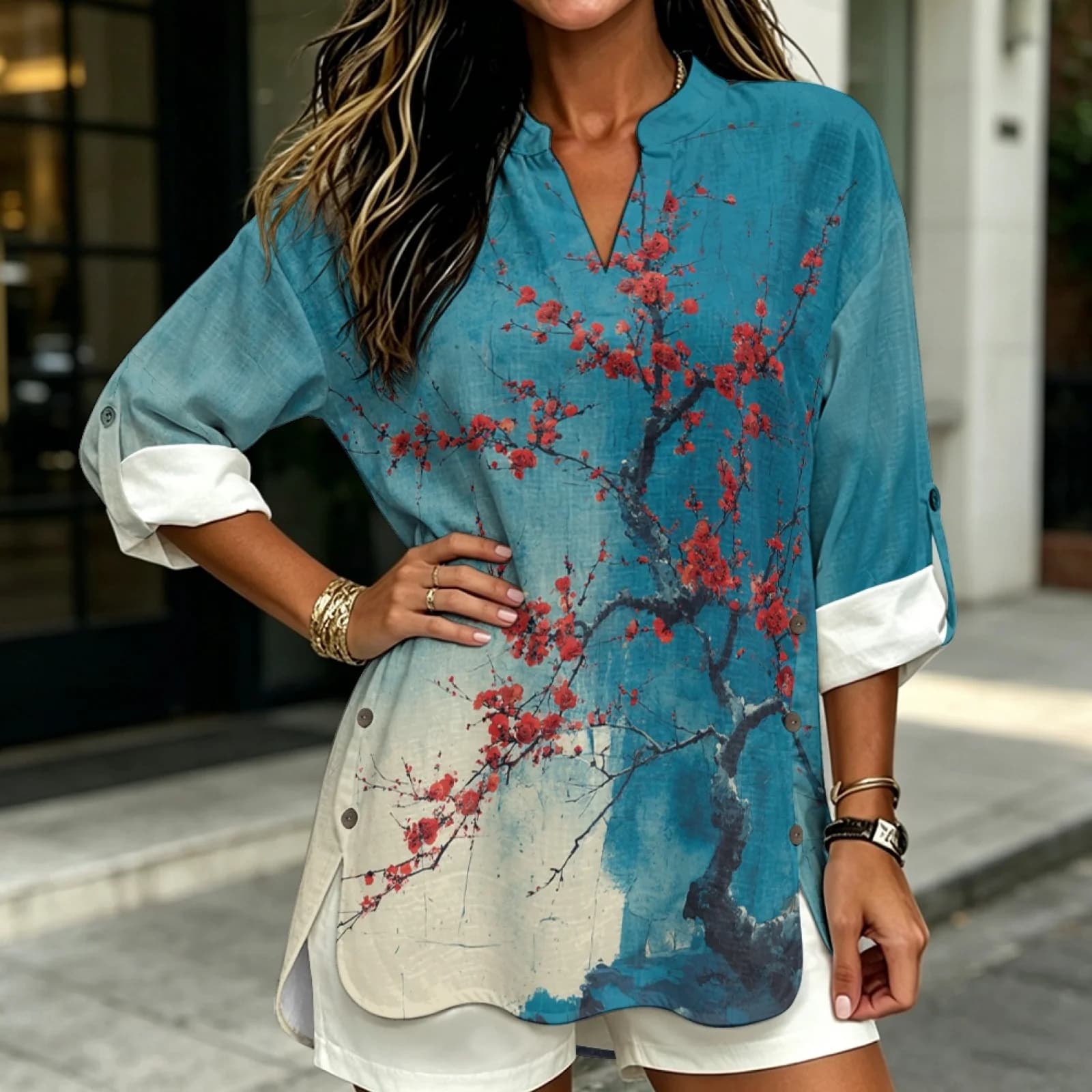 PENSTROLL Red Blossom Tree Linen Like Women's Blouse for Beach Vacation Side Slit Hem Beach Tops Women's Long Sleeve Tops