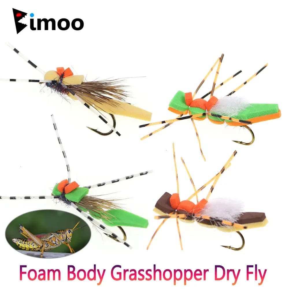 Bimoo 6 pezzi # 8 Grizzly Gambe di Gomma Schiuma Corpo Cavalletta Mosca Secca Capelli di Cervo Galleggiante Tramoggia Morlandese Trota Spigola Salmone Richiamo di Pesca