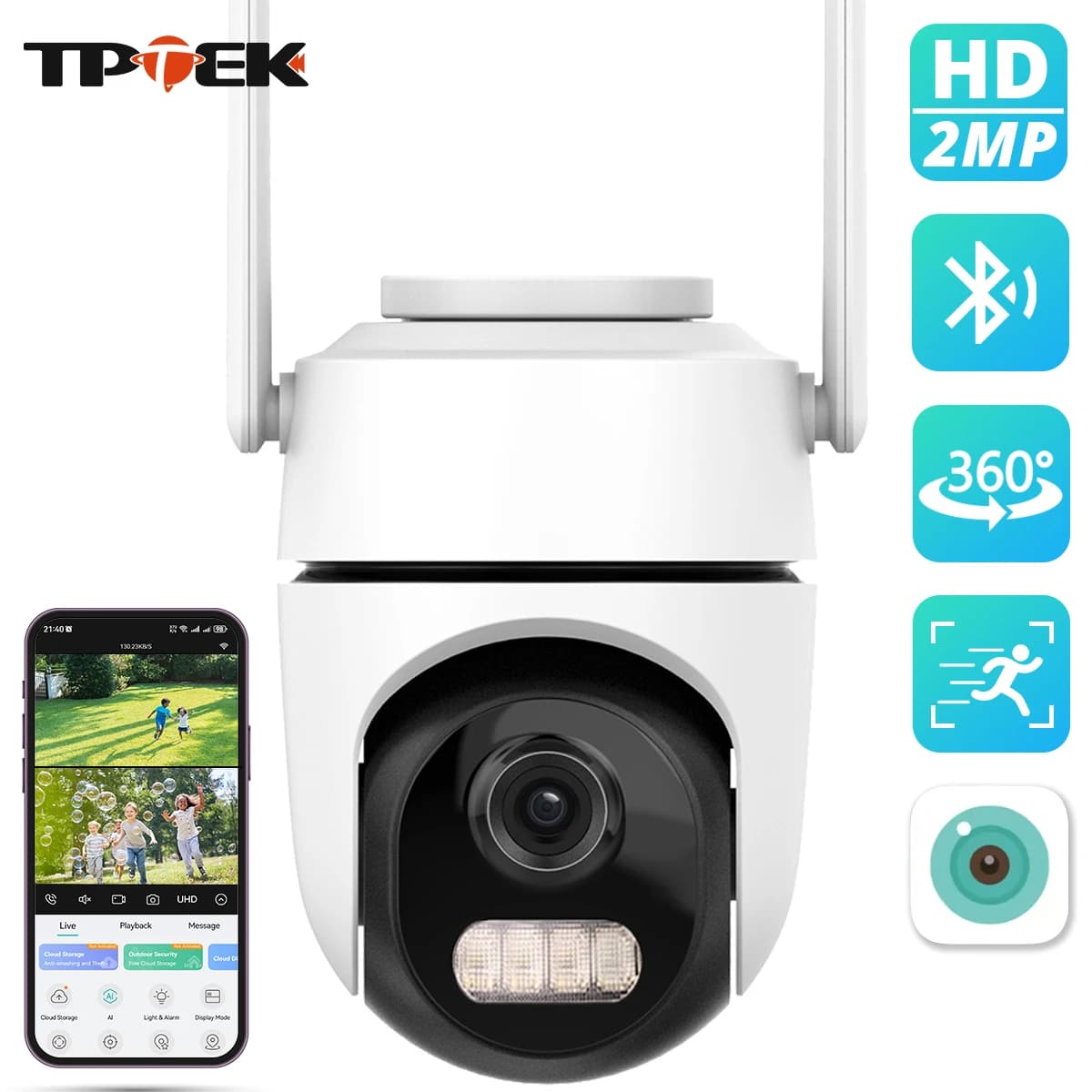 Telecamera di sicurezza WiFi PTZ da 2MP 1080P con doppia luce per visione notturna, audio bidirezionale iCSee, rilevamento umano AI, IP66, per esterni