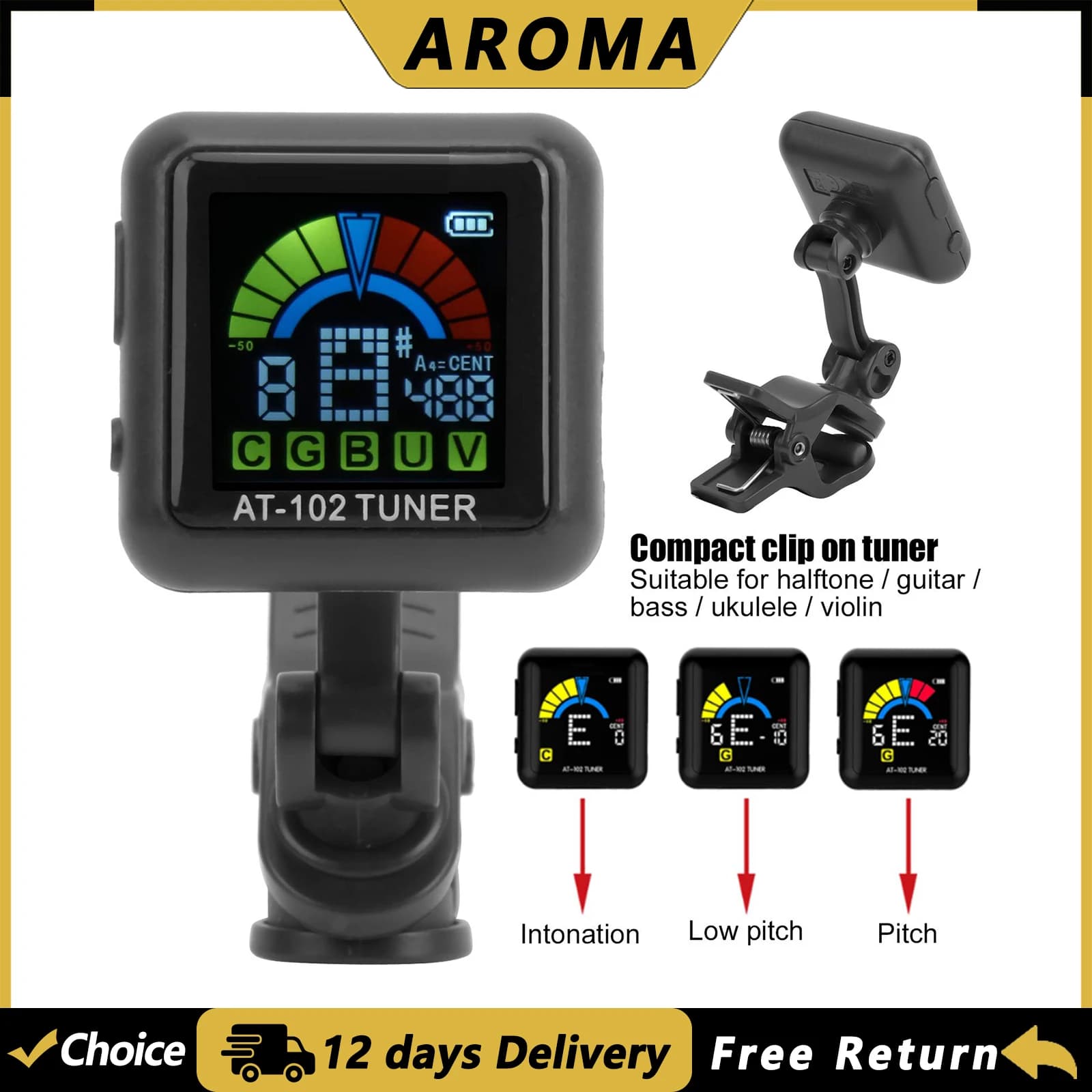 AROMA AT-102 Accordatore Ricaricabile a 360 Gradi per Chitarra/Basso/Ukulele/Violino con Batteria Integrata, Cavo USB e Ampio Display LCD