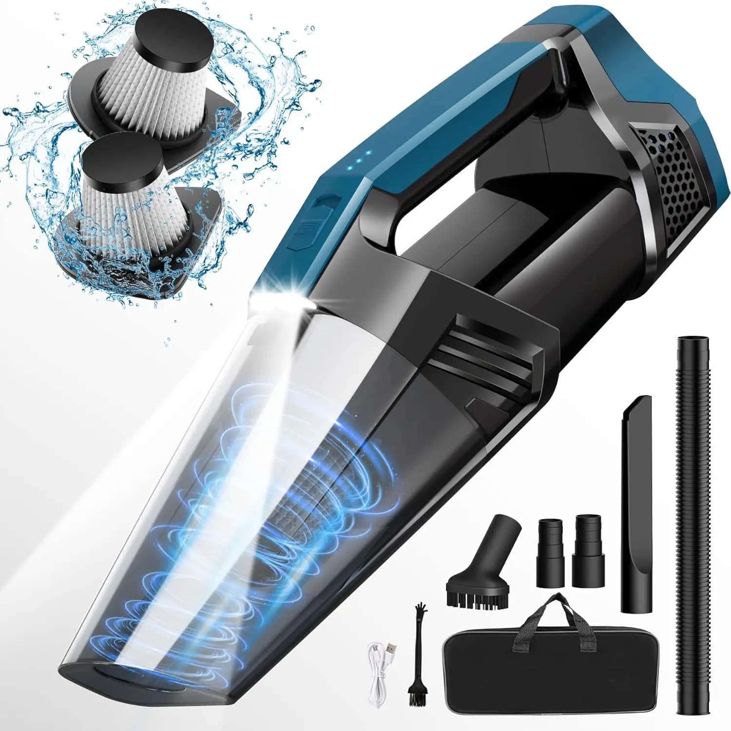 Wireless portable vacuum cleaner with LED light, high power for car, home, office, pet hair, black blue