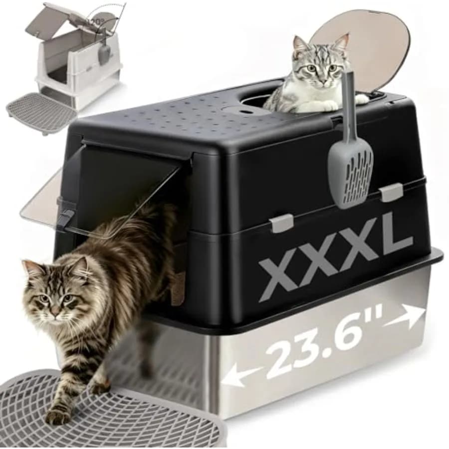 Extra Large Stainless Steel Cat Litter Box with 120° Lid for Multiple Cats, Enclosed Top Entry Litter Box High-Sided Anti-Leak,