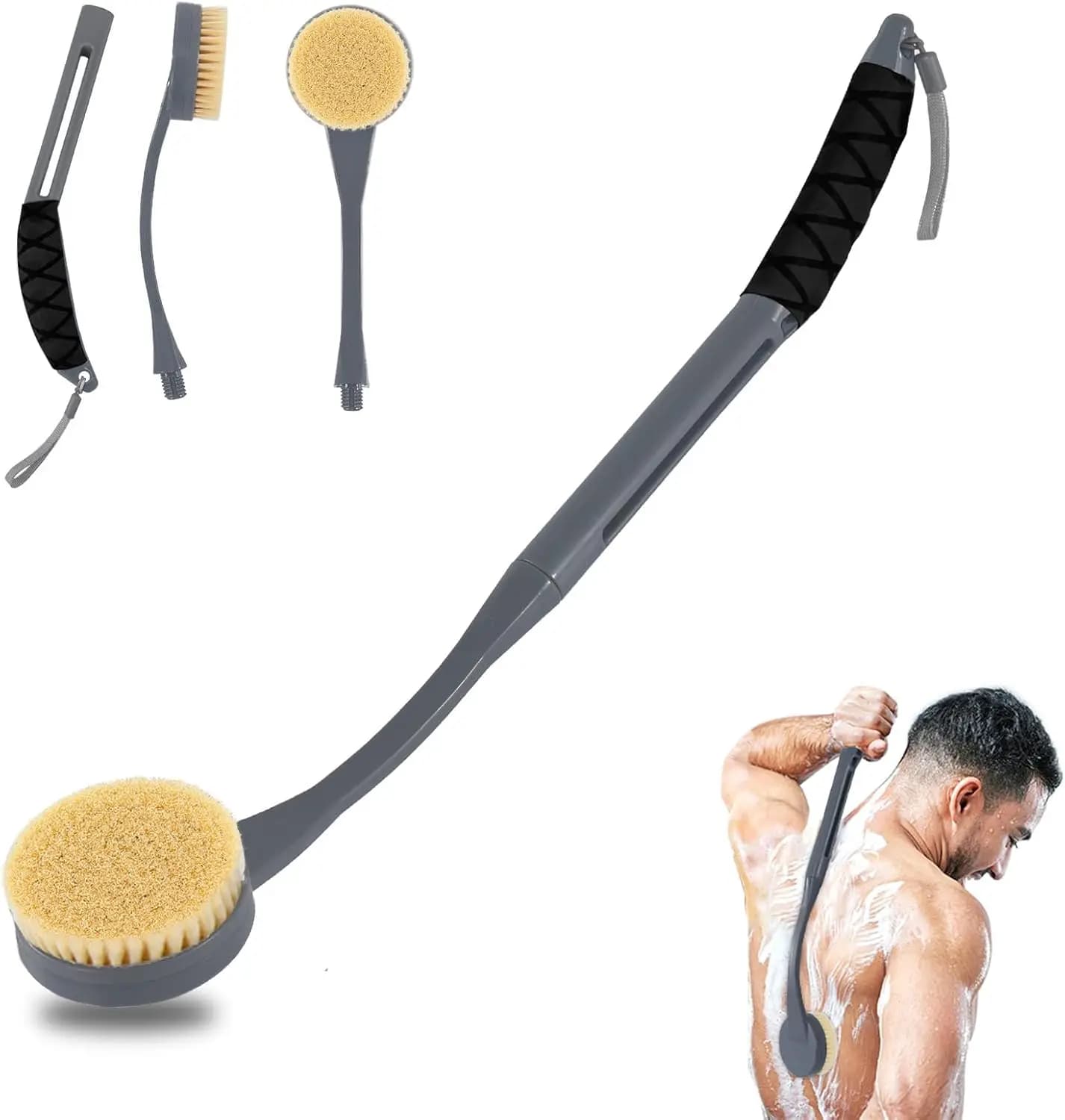 Spazzola per doccia con manico lungo per una pulizia profonda, design curvo adatto al corpo, staccabile e leggera (grigio)