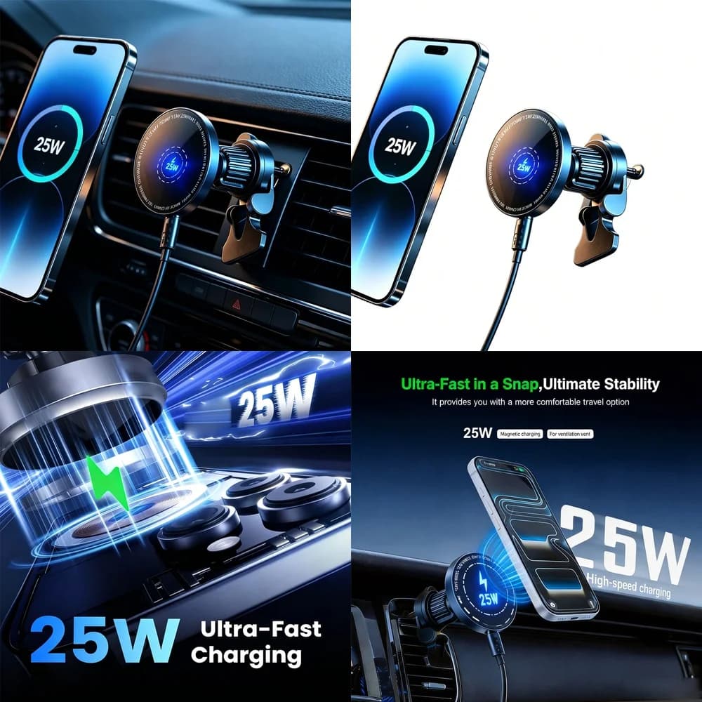 25W Super Fast Magnetic Wireless Car Charger Air Vent Phone Holder Anti-Shake Stand for iPhone 17 16 15 14 13 12 Pro Max Plus