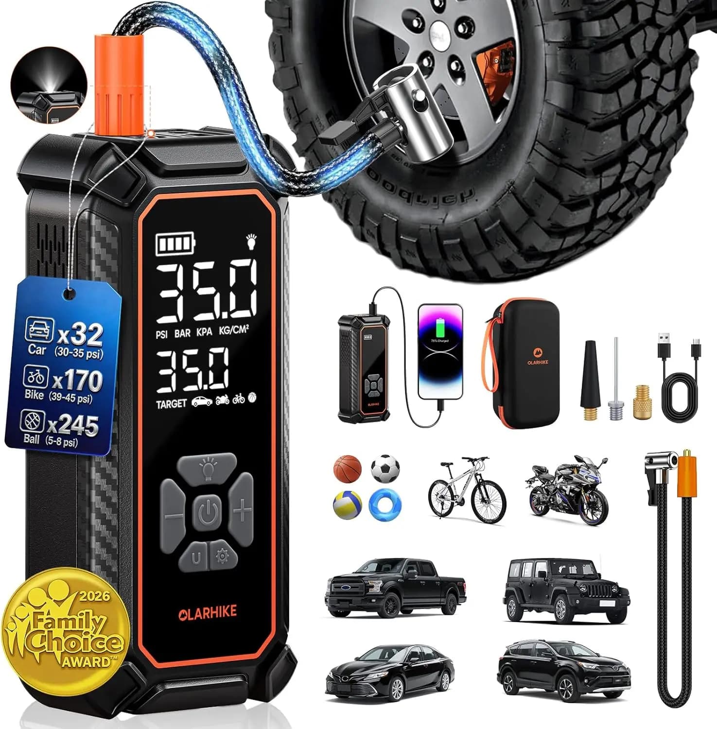 Compressore d'Aria Portatile Senza Fili con Manometro Digitale, Batteria da 12000mAh, Gonfiaggio Rapido per Pneumatici Auto, SUV, Spegnimento Automatico