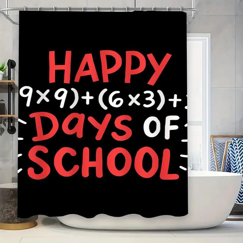 Tenda da doccia per giorni scolastici Happy 9x9+6x3=Happy School Life Decor Nero Rosso Bianco Tappetino da bagno Impermeabile Lavabile Decorazioni per la casa D