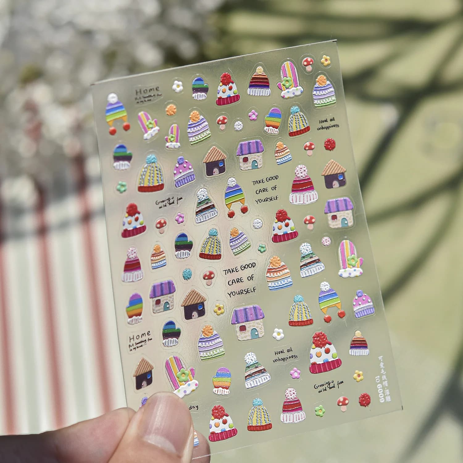 Cozy Bright Color Striped Beanie Knit Gloves Wooden Hut Mushroom Wild Berry 5D Nail Art Stickers Self Adhesive Decals Manicure
