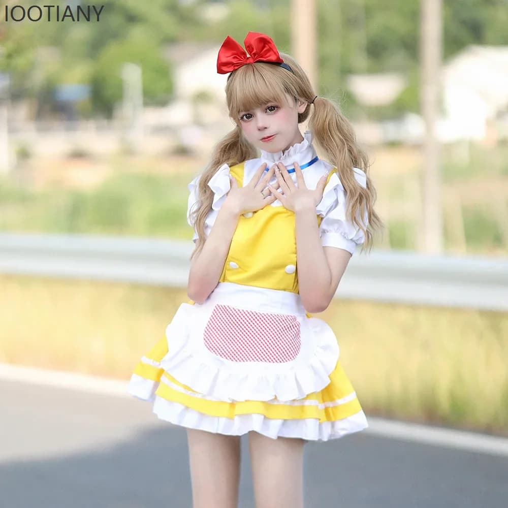 CosplayYellow Sweet Cute Lolita Girl anime Japanese Kawai Cafe Apron Dress Cameriera Halloween Carnival Party Game of theatrical role Costum