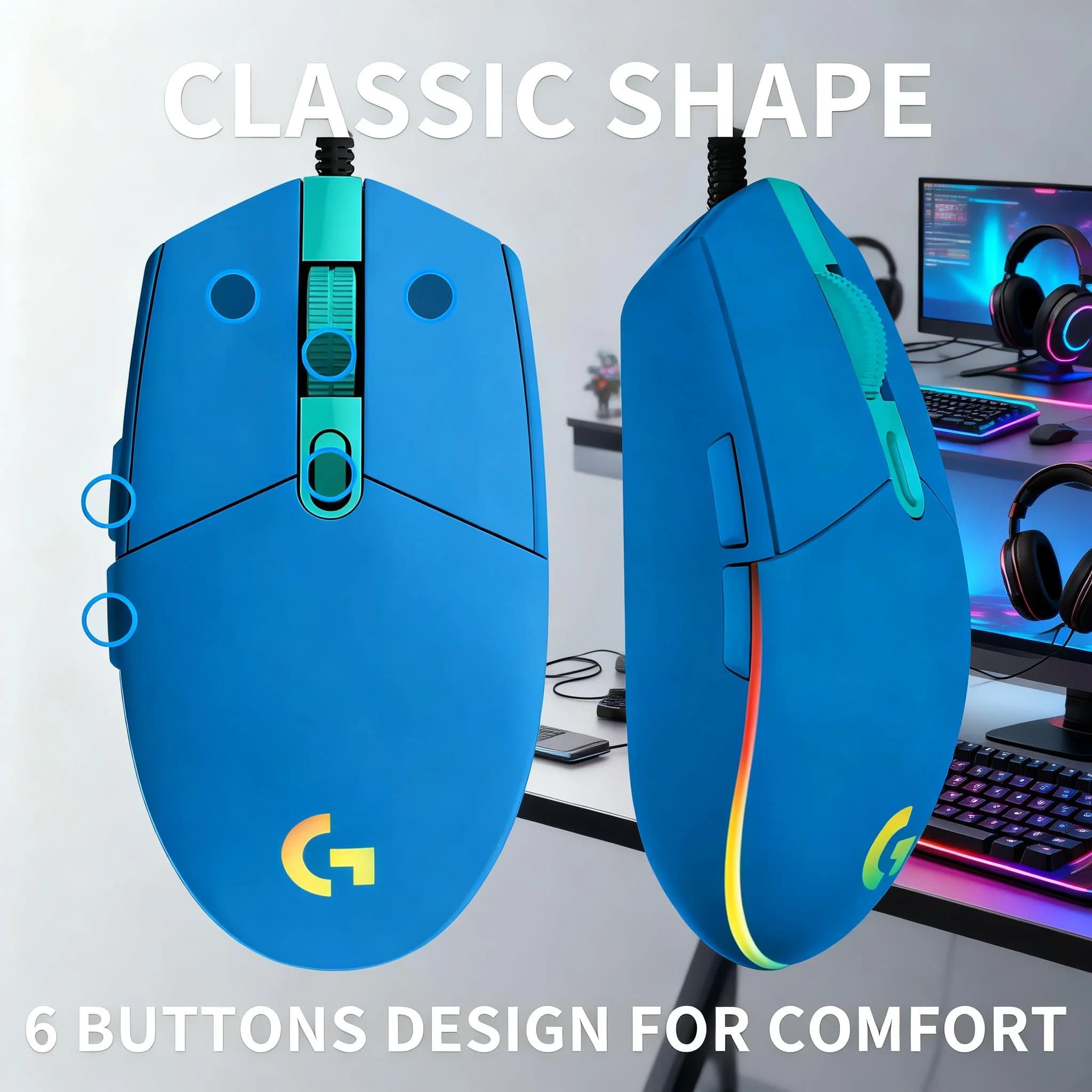 Mouse da Gaming Logitech G203 LIGHTSYNC, 8000 DPI Regolabili, Retroilluminazione RGB, 6 Pulsanti, Tensionamento Meccanico, Compatibile con Mac e PC, Veloce