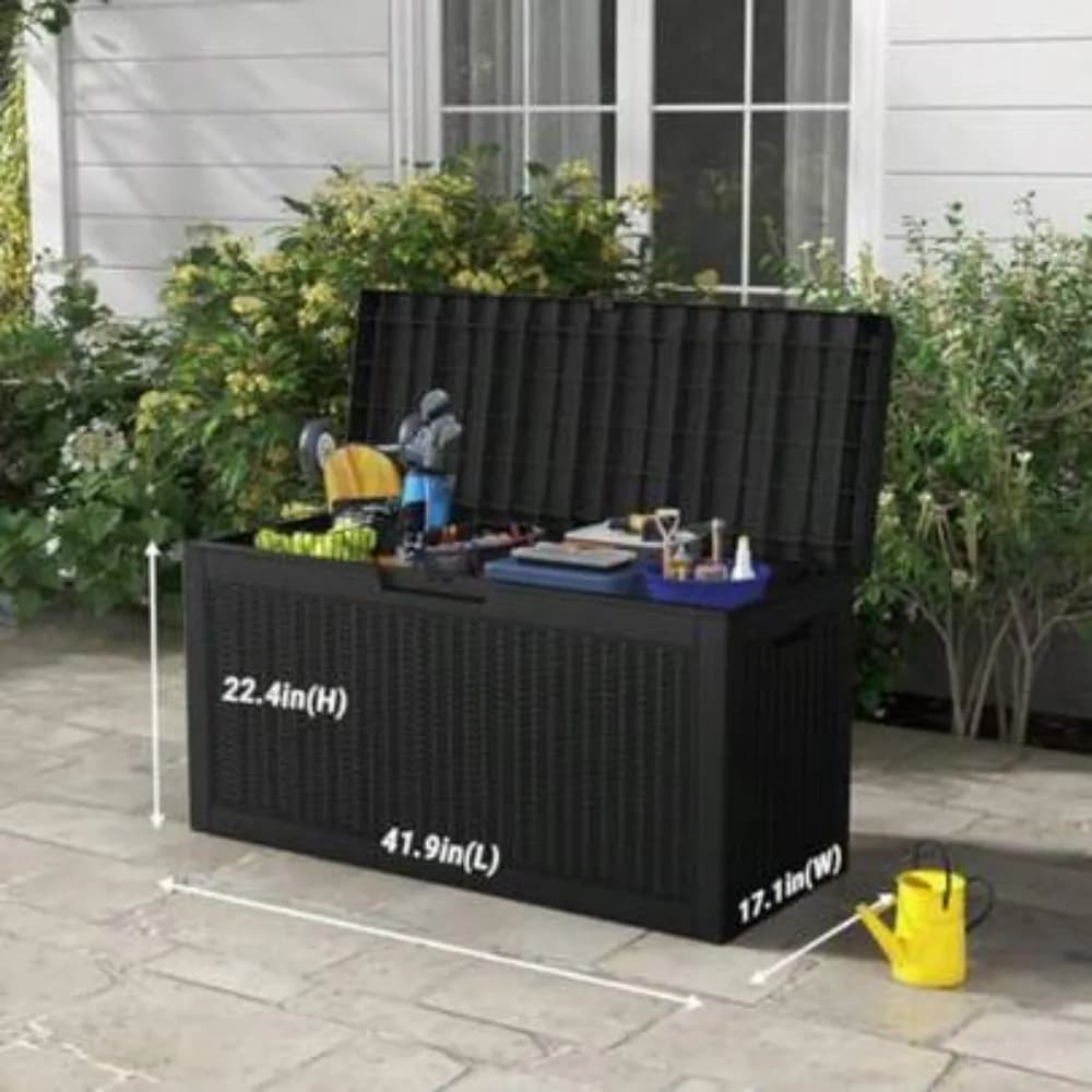 Outdoor Storage Box Deck Box Waterproof Rattan Pattern Resin Patio Furniture Cushion Storage Container Weatherproof UV Resistant Raised Edges for Garden Poolside Backyard 45 Gallon Large Capacity