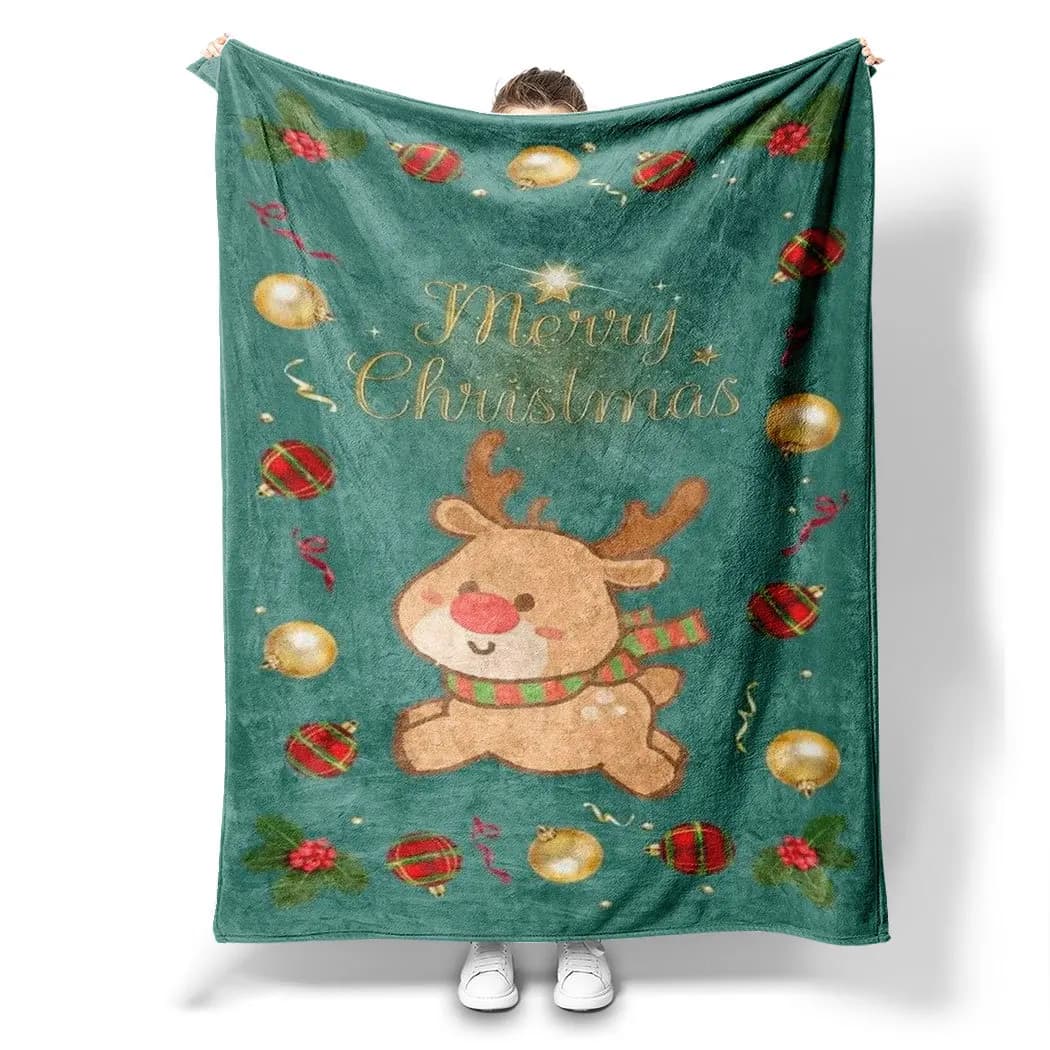 Coperta stampata con renne dei cartoni animati di Natale per divano, viaggio, campeggio, soggiorno, ufficio, coperta per regali per tutte le stagioni