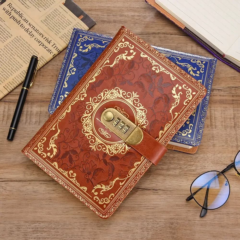 Agenda in Pelle PU A5 con Design Goffrato, Lucchetto a Combinazione, Organizer Personale, Copertina Rigida, Carta a Righe
