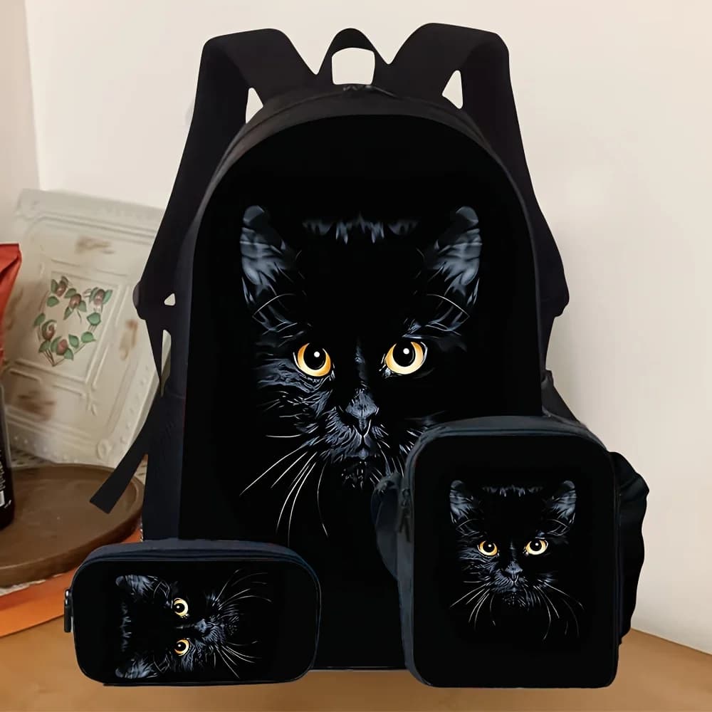 3pcs Backpack Set, Black Cat Print Backpack with Pencil Case & Pouch, Stylish Casual Daypack for Teens Girls Boys, Ideal for Sch