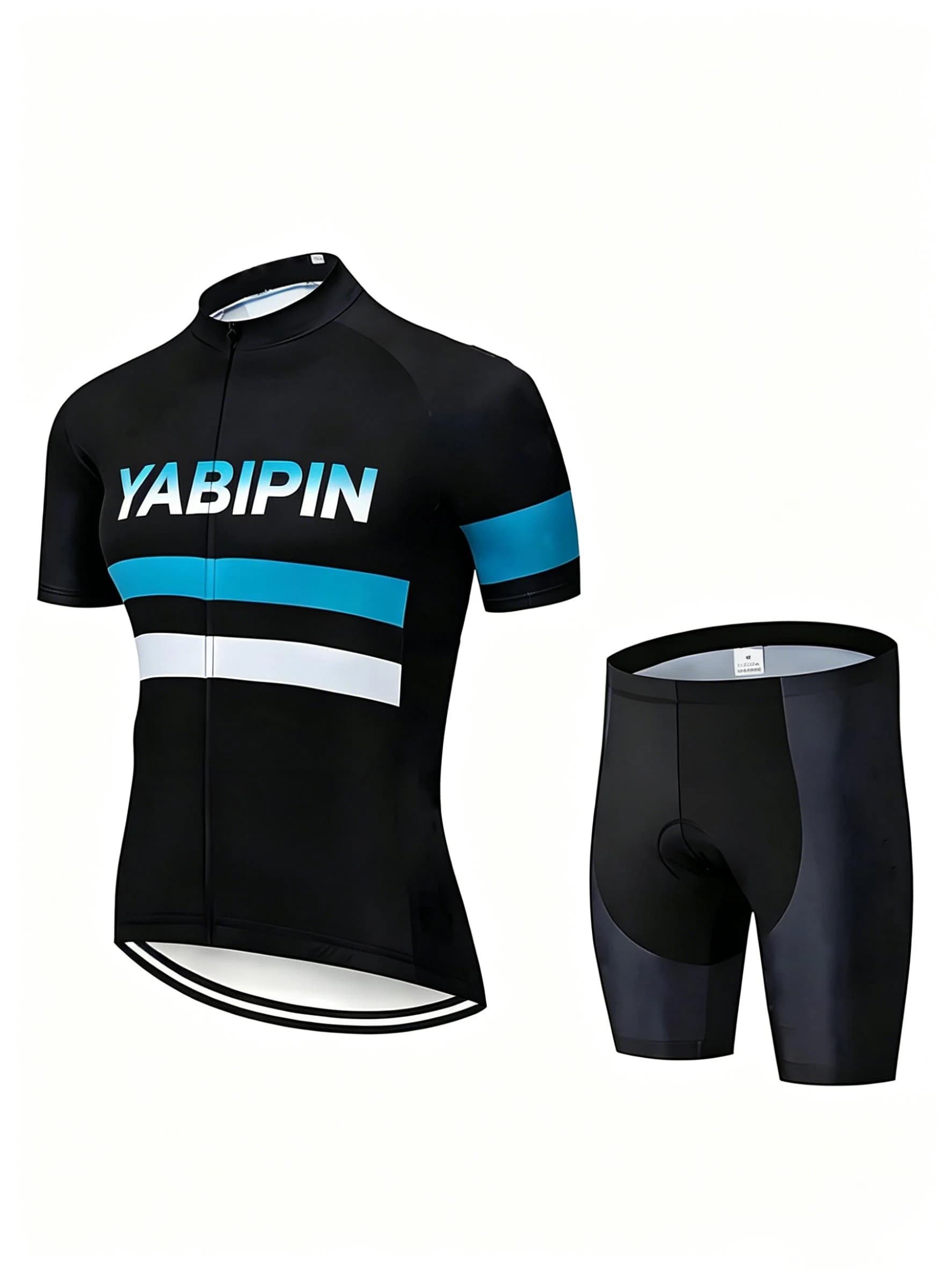 Set di maglie da ciclismo a maniche corte da uomo, con colletto alto, cerniera intera e stampa di lettere, completo da bici in 2 pezzi