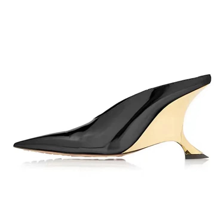 Strange Style Pointy Toe Slippers Wedges Black Patent Leather Silver Gold Runway 2026 Summer Women Dress Shoes Handmade Shallow