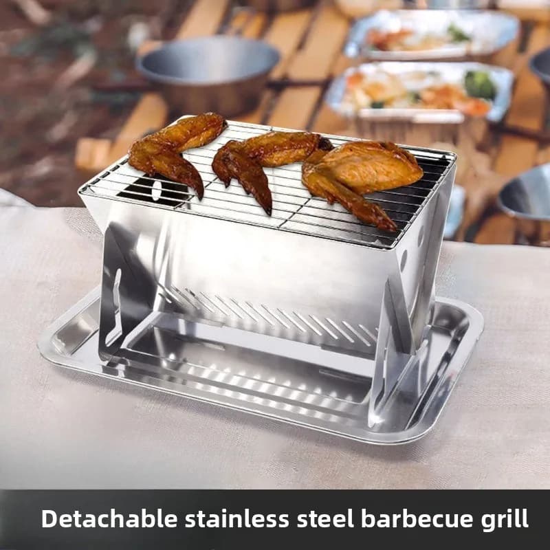 Set barbecue portatile in acciaio inossidabile da 3 pezzi - Griglia pieghevole compatta per il campeggio, mini cottura all'aperto in stile carta staccabile