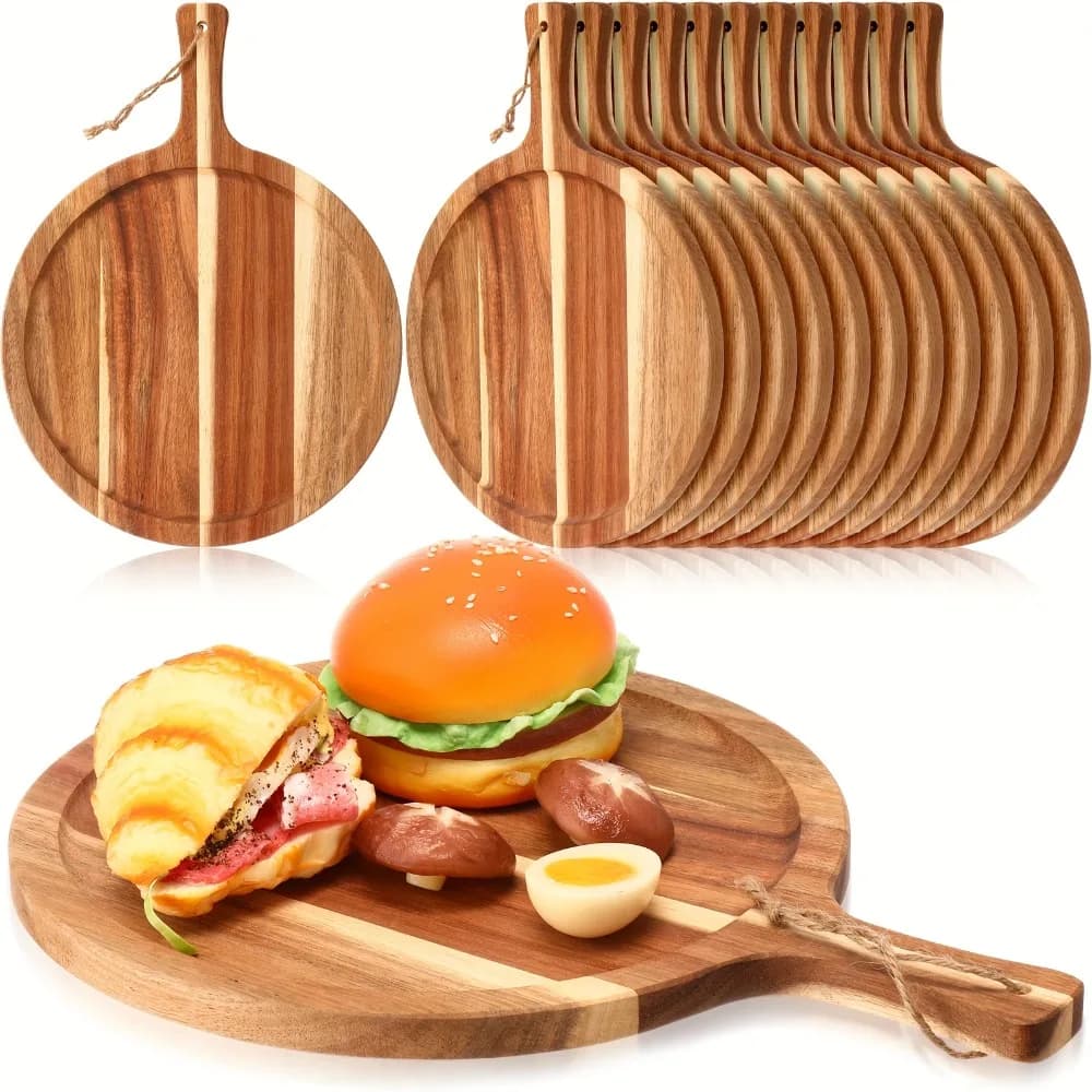 Set di 12 Taglieri in Legno di Acacia con Manico, Vassoio Rotondo in Legno per Servire, Taglieri da Cucina per Pizza e Pane