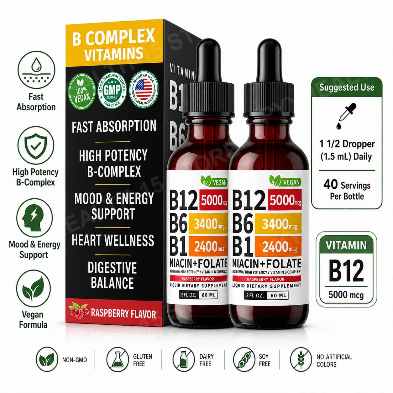 Liquid Drops of Vitamin B12 and B6 60ml, Complex B1, Niacin, Folly, Al Gusto Raspberry, Vegan Supplement for Daily Wellness, 40 Adults