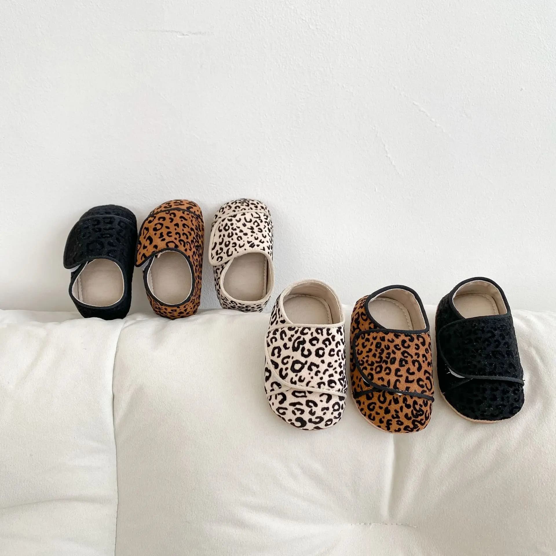 Baby Leopard Print First Walker Shoes Suede Velvet Infant Shoes Velcro Strap Toddler Soft Anti‑Slip Sole Crib Shoes Autumn