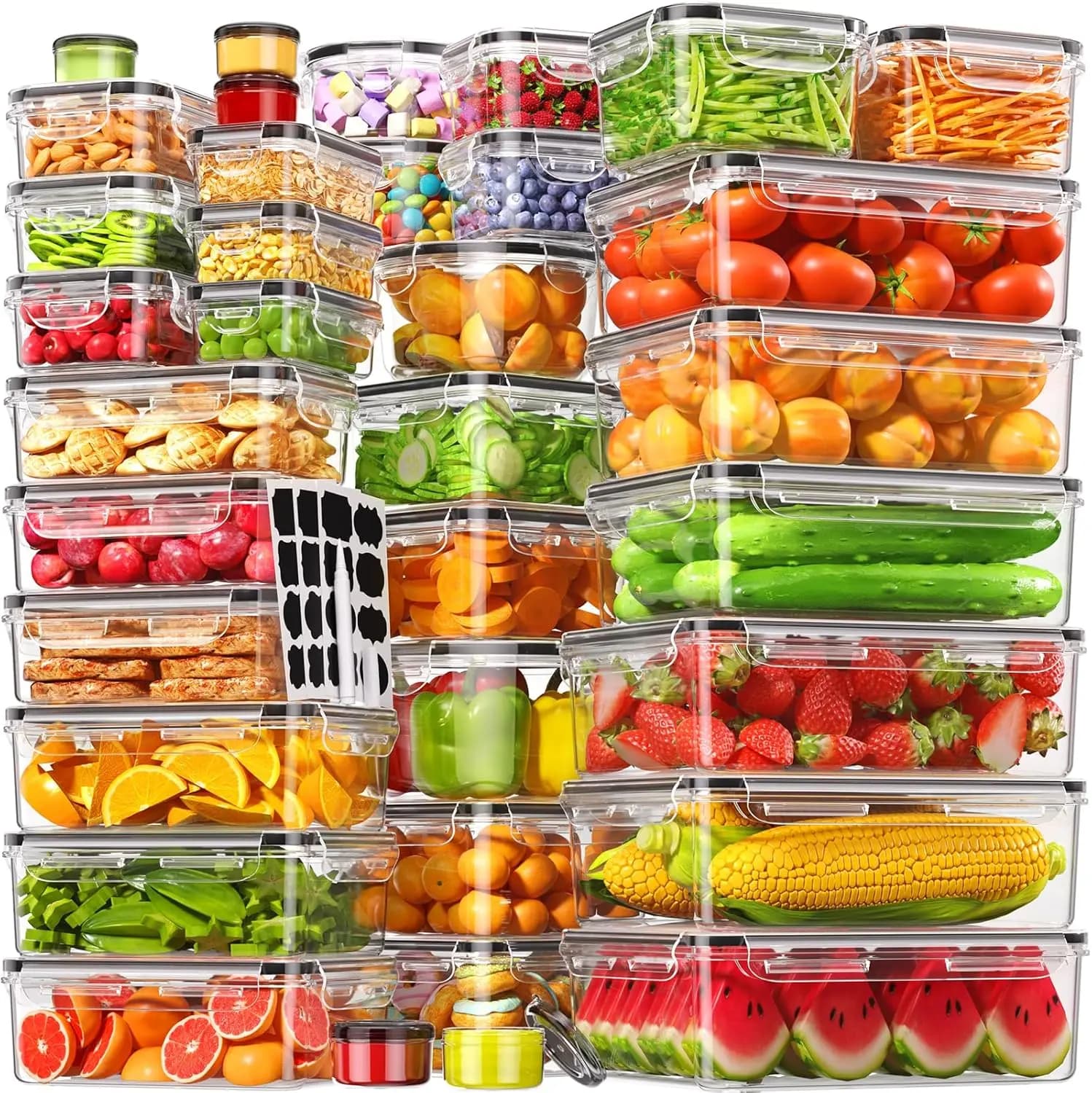 Set di 70 Contenitori Ermetici per Alimenti con Coperchi, Set per Preparazione Pasti a Prova di Perdite, Plastica Senza BPA, Adatti per Microonde/Lavastoviglie, Include Etichette e Penna