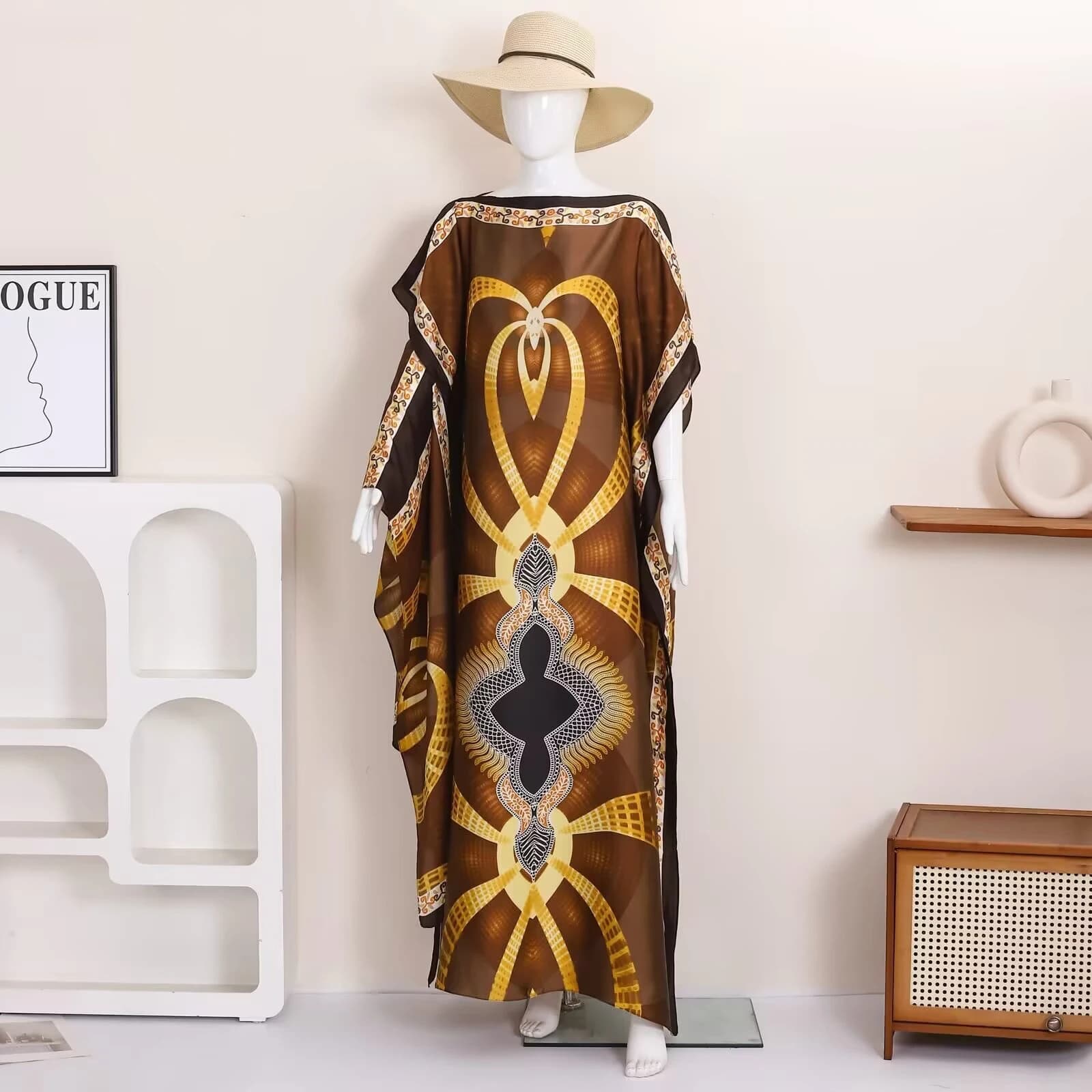 1 retro ethnic geometric printed satin robe women's loose long casual dress, suitable for wearing a robe on vacation days