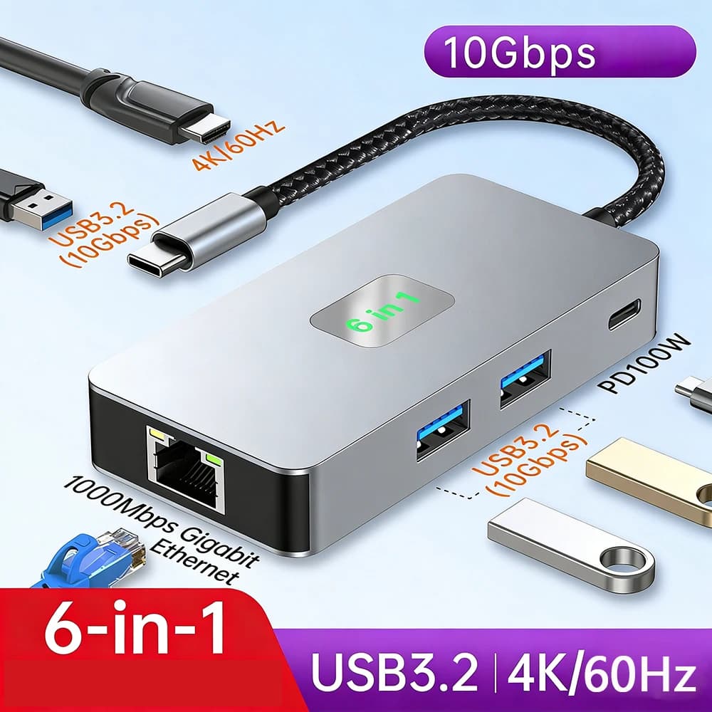 Hub USB C 6 in 1 con Docking Station, 100W PD, 3x10Gbps USB3.2, Ethernet Gigabit RJ45, HDMI 4K Compatibile per MacBook Pro e Laptop Type C
