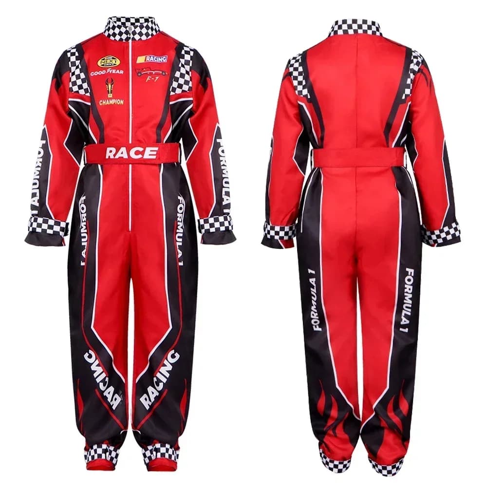 Costume cosplay da corsa per bambini adulti Costume rosso classico da allenamento monopezzo uniforme da corsa per bambini Panno in jersey da kart di Halloween