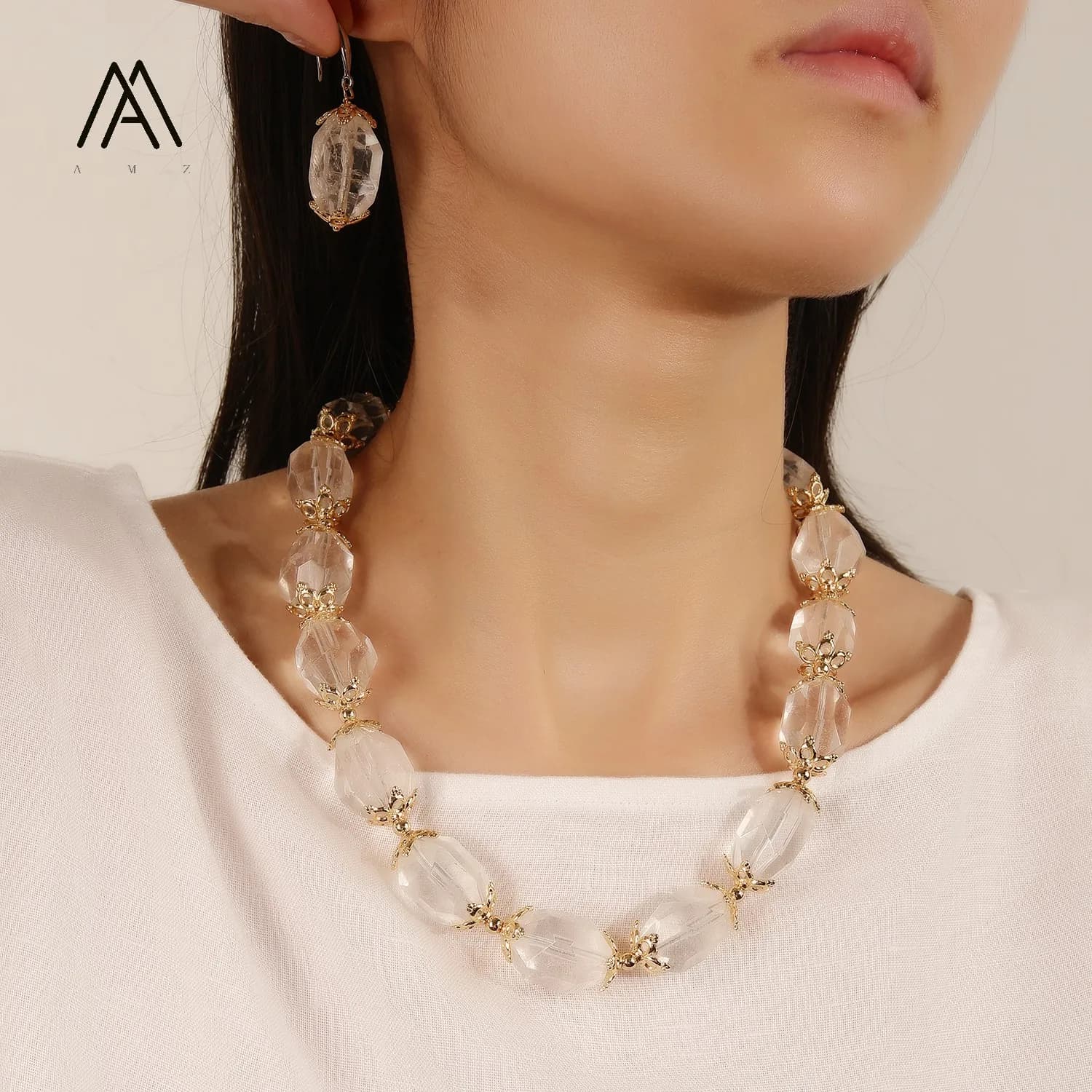 Natural Clear Quartz Necklace ＆ Earrings Jewelry Irregular Facted White Quartz Statement Jewelry Sets Accessory for Women Gift