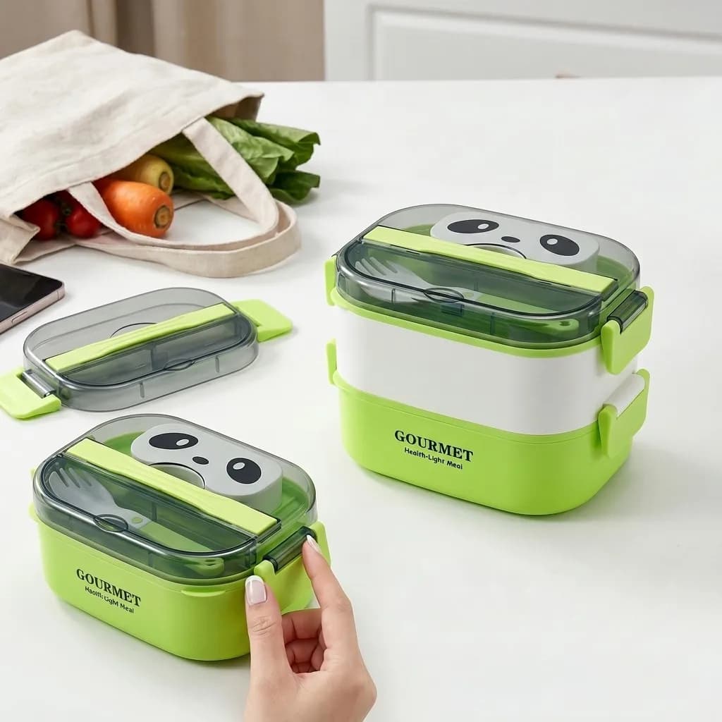 Microwavable Panda Plastic Bento Lunch Box Leakproof Divided Meal Prep Food Container with Cutlery Sauce Box Kids Adults School