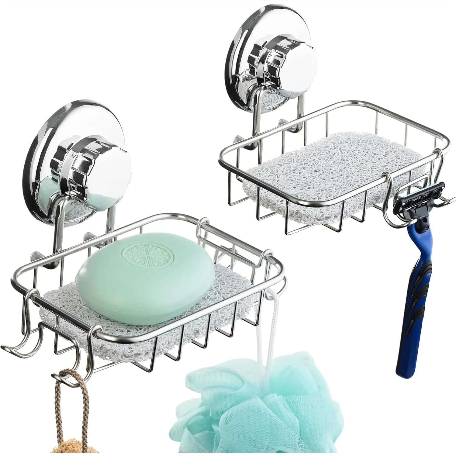 Set di 2 Portasapone a Ventosa per Doccia con Ganci, Portasapone in Acciaio Inox Antiruggine con Opzioni di Montaggio Adesivo