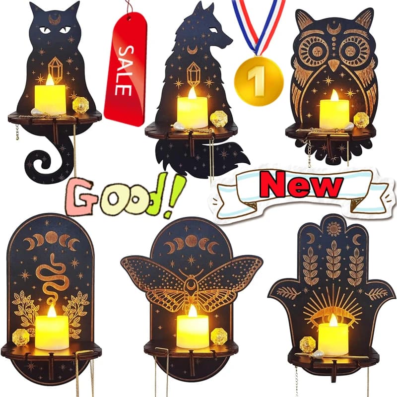 New wooden wall candlestick with owl, animals, foxes, cat, book, crystal holders, home decorations, Christmas, New Year