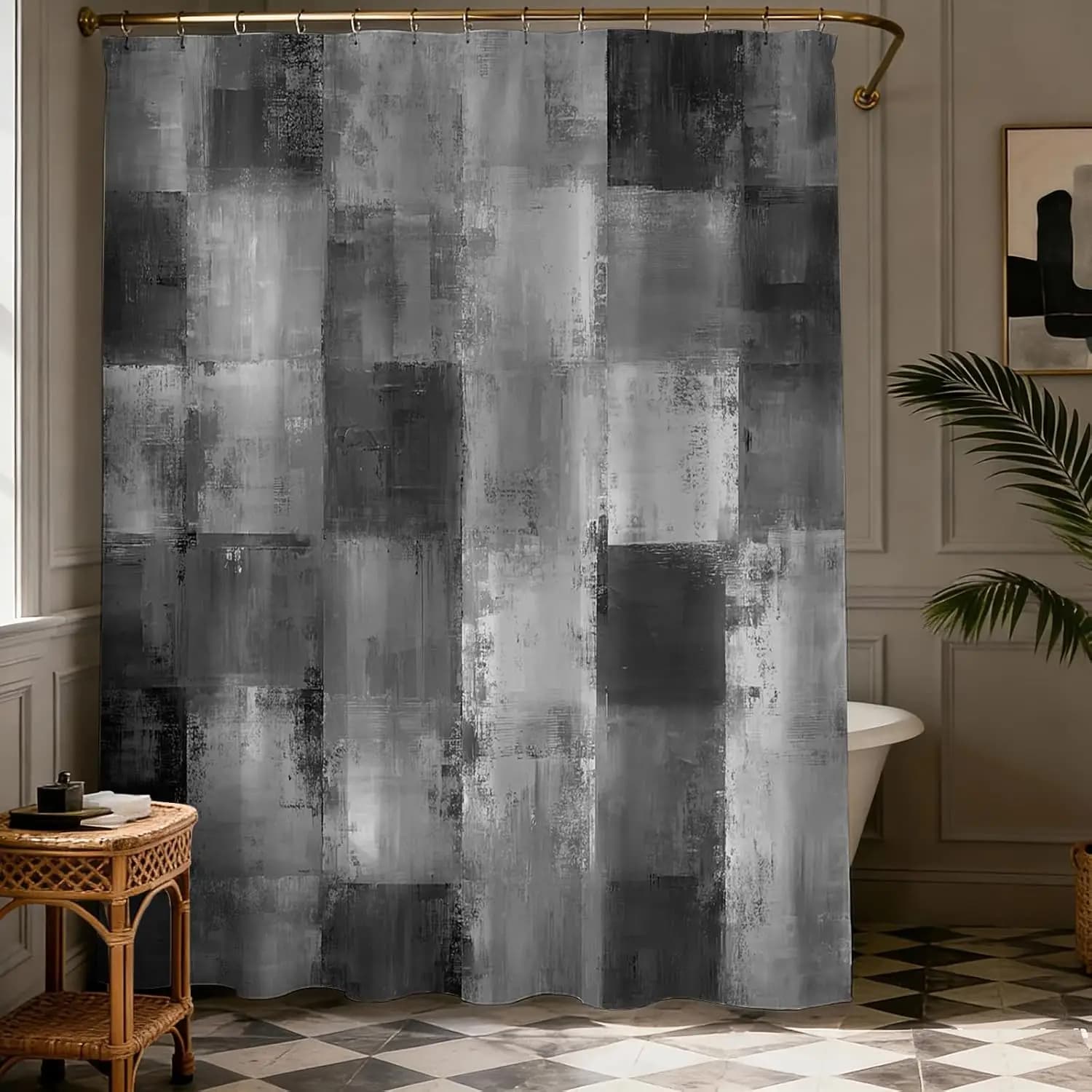Tenda da Doccia Grigia Patchwork, Tenda da Doccia Moderna Astratta Bianca e Nera, Tenda da Bagno Impermeabile in Tessuto Grigio per Stile Moderno