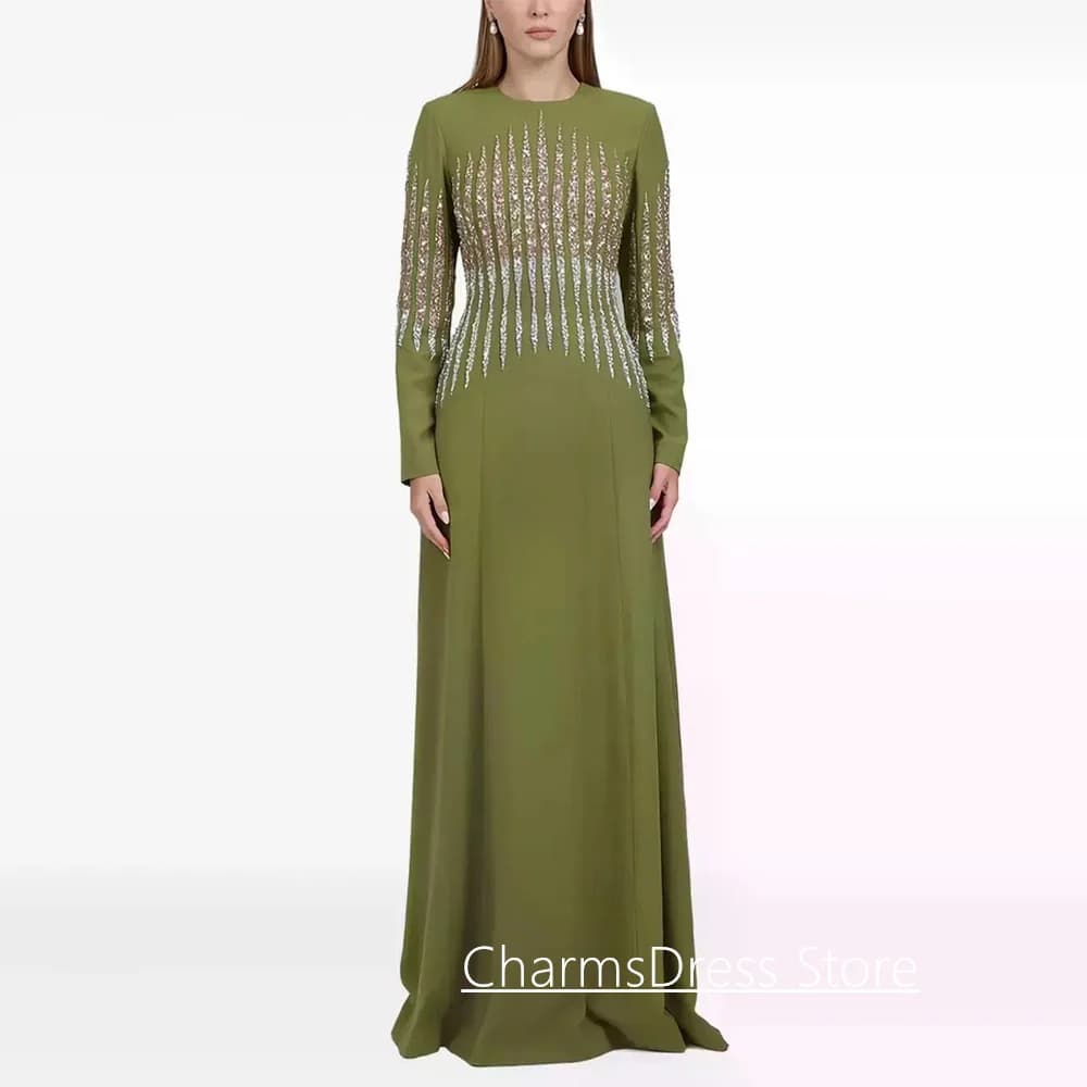 Abiti da sera arabi modesti personalizzati o collo maniche lunghe oro argento perline pietra una linea abiti da festa abito da ballo saudita