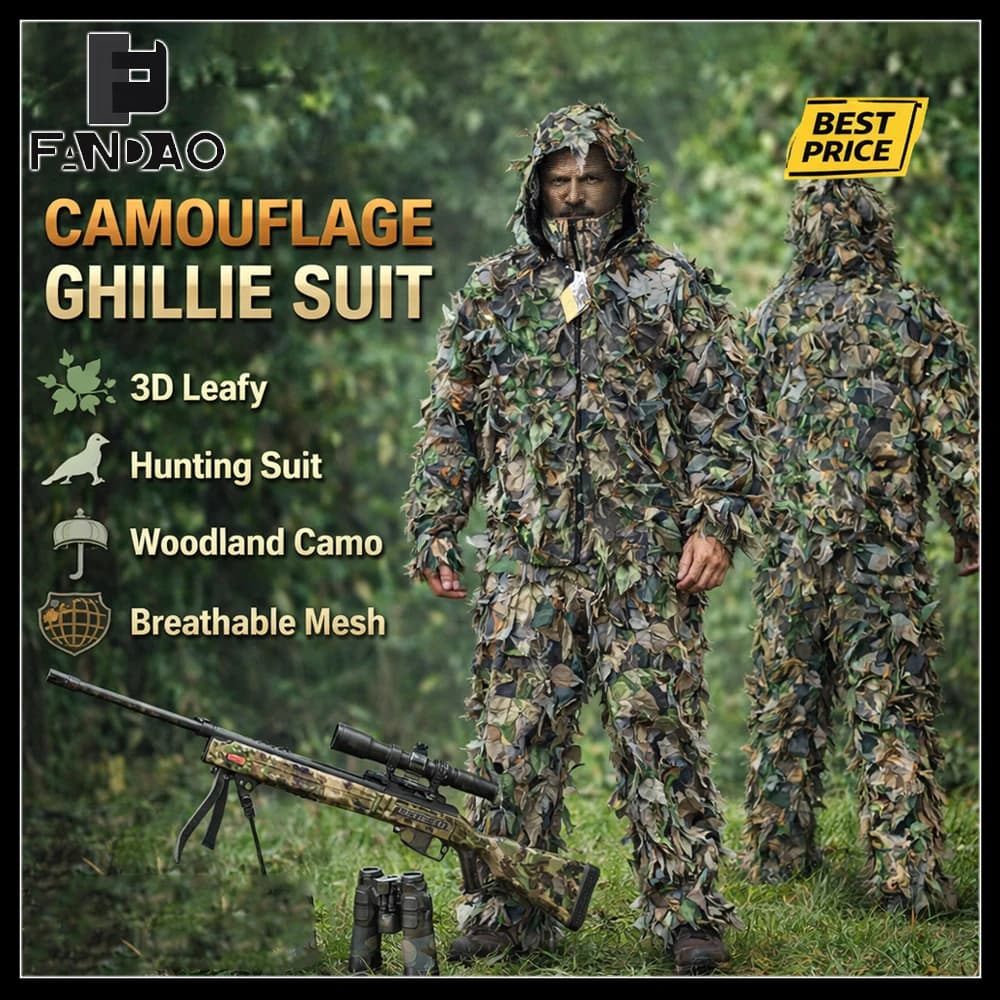 Set Tuta Ghillie Mimetica 3D Tattica con Foglie, Giacca e Pantaloni Traspiranti per Airsoft, Caccia e Tiro all'Aperto