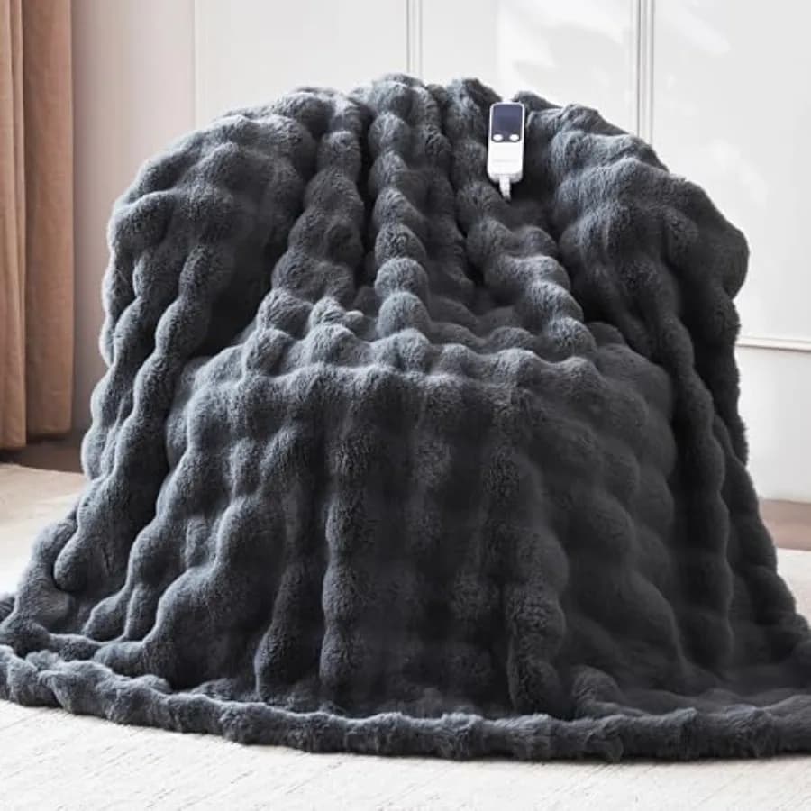 Coperta riscaldata da 50''x60'' Coperta elettrica a riscaldamento rapido Pelliccia di coniglio sintetica ultra morbida con 5 livelli di calore e spegnimento automatico 5 ore