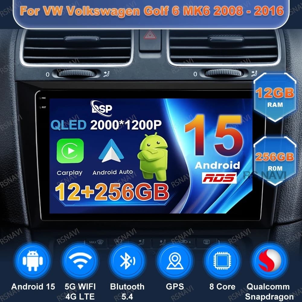 Android 15 Car Radio For VW Volkswagen Golf 6 MK6 2008 - 2016 Stereo Multimedia GPS Head Unit DVD BT 4G LTE Viedo Player DSP