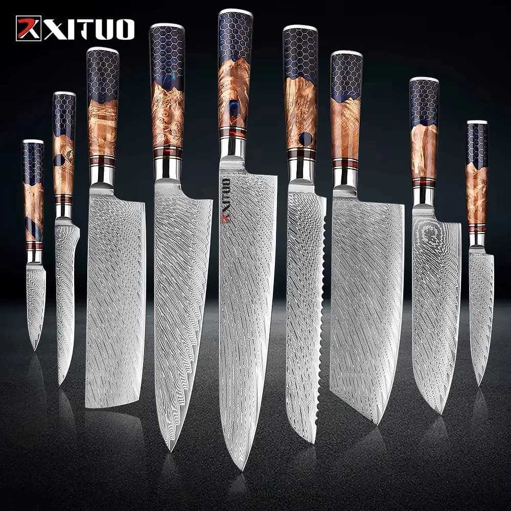 XITUO 1-9 Pezzi Coltelli da Cucina Set Coltello da Cucina in Acciaio di Damasco Taglio Affilato Verdure Affettate Carne Pane Manico a nido d'ape in Resina Blu