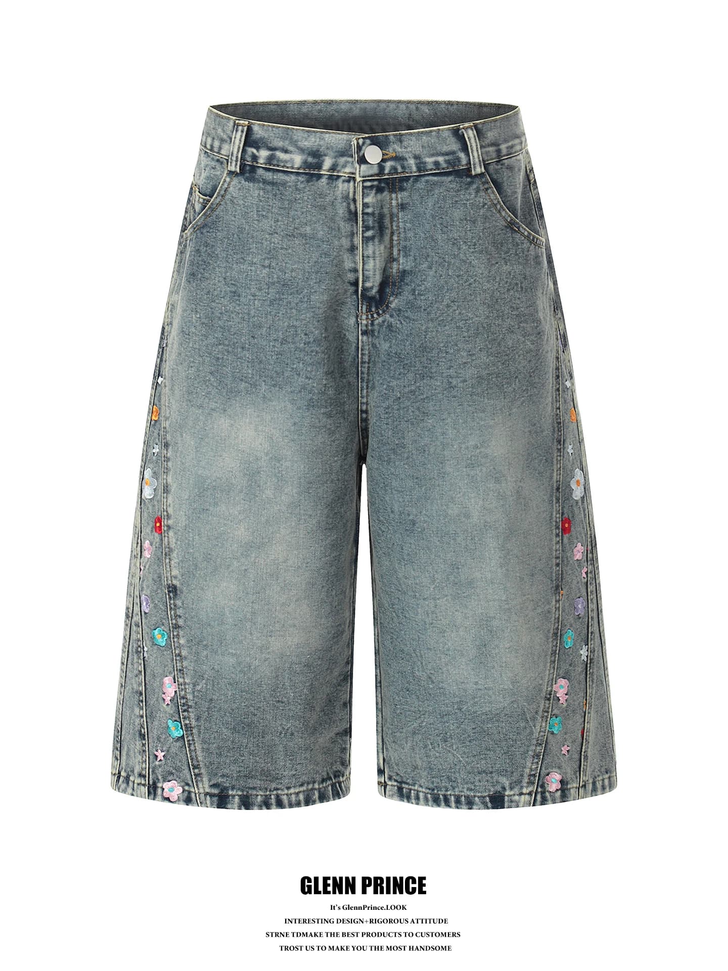 GPstudio American Trendy Brand Heavy Embroidery Denim Wide Leg Straight Cut Shorts Men Summer Loose Fit Jeans Cotton Polyeste...