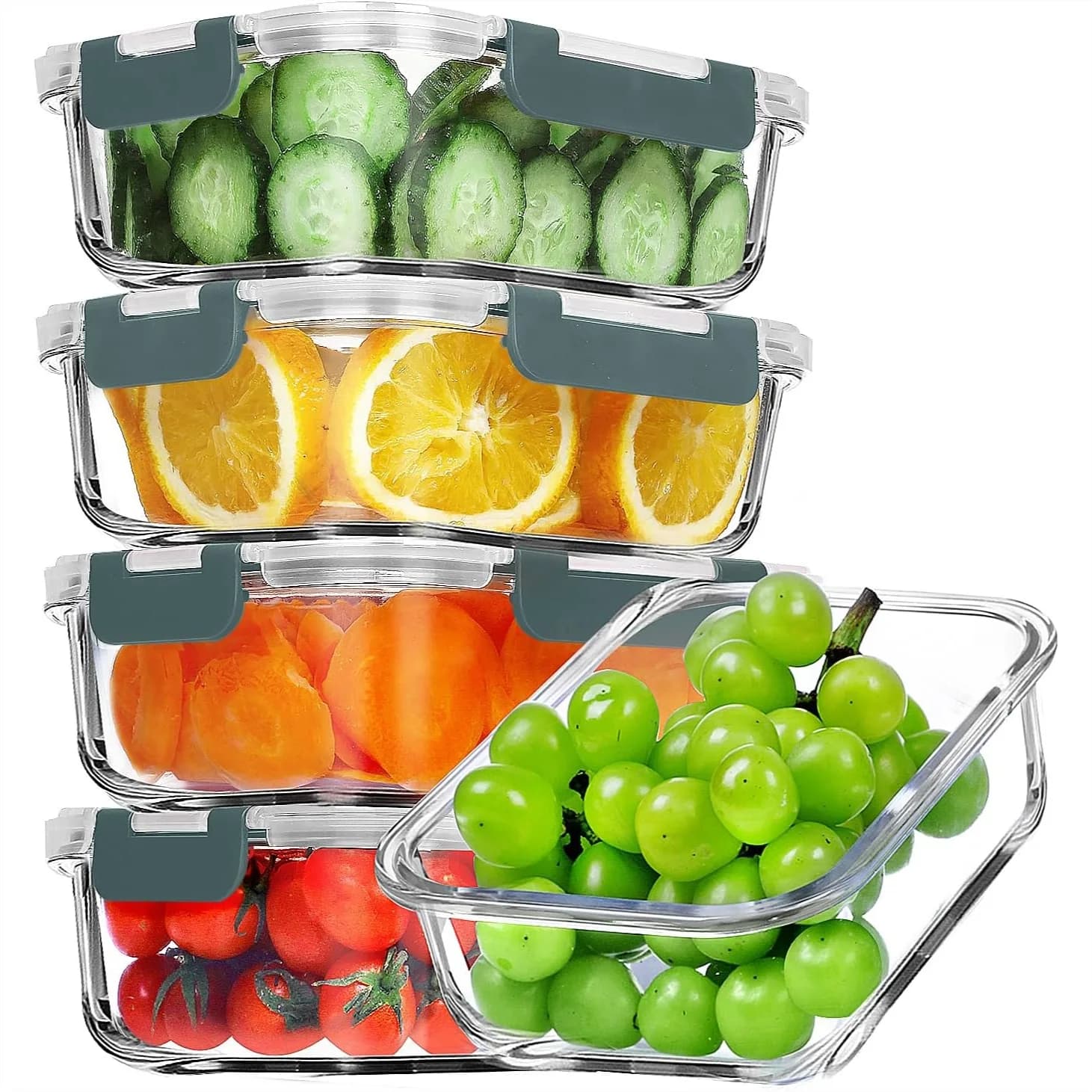 Contenitori in Vetro per Preparazione Pasti, Set da 5, 36 OZ, Contenitori Ermetici per Pranzo con Coperchi, Vetro Borosilicato per Conservazione Alimenti e Microonde